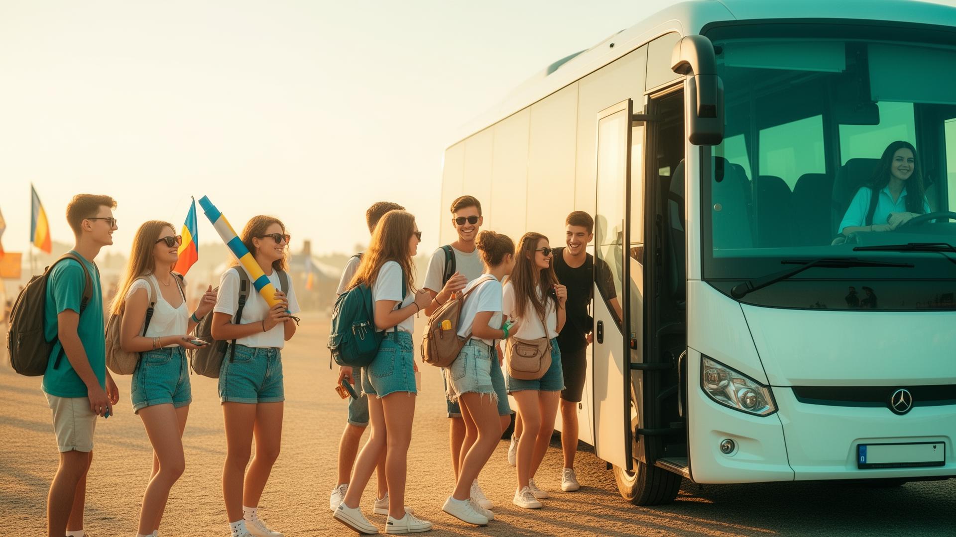 Tineri urcând în autocar către festivalul UNTOLD